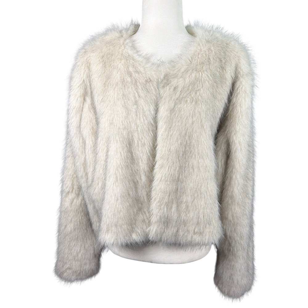 Shyanne Womens Ivory Cream Faux Fur Cropped Jacket Shaggy Open Front XL